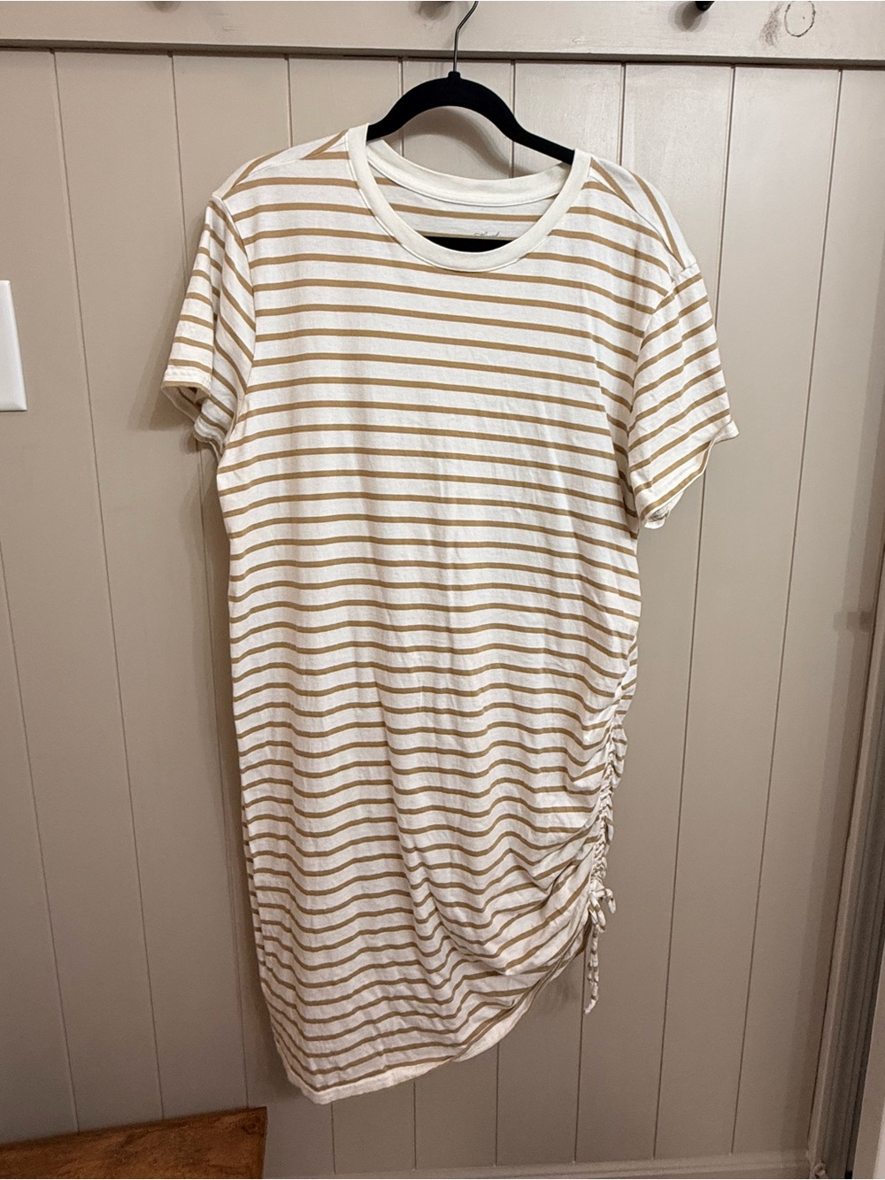 Universal Thread Cream and Tan Striped Short-Sleeve Midi Dress